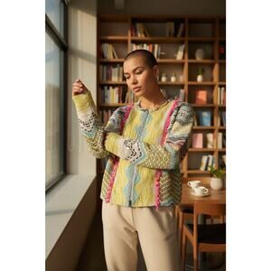 Holly Bracken Women's Blazer Jacket XS Yellow Blue Pink Chevron Print Zip Front